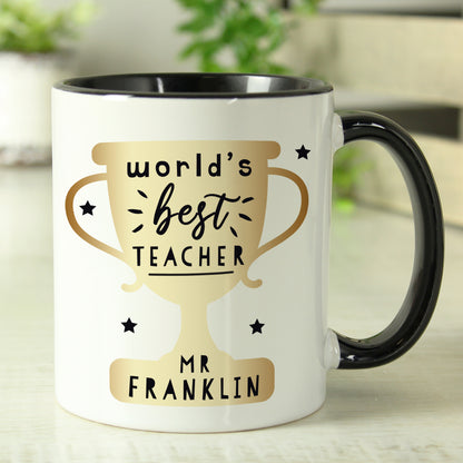 World's Best Teacher Trophy Black Handled Mug