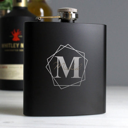 Personalised Geometric Initial Black 6oz Hip Flask