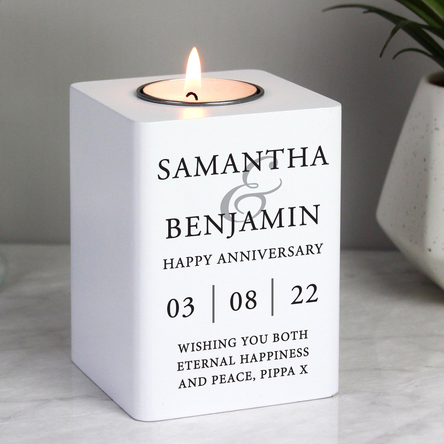 Personalised Couples White Wooden Tea light Holder 10cm