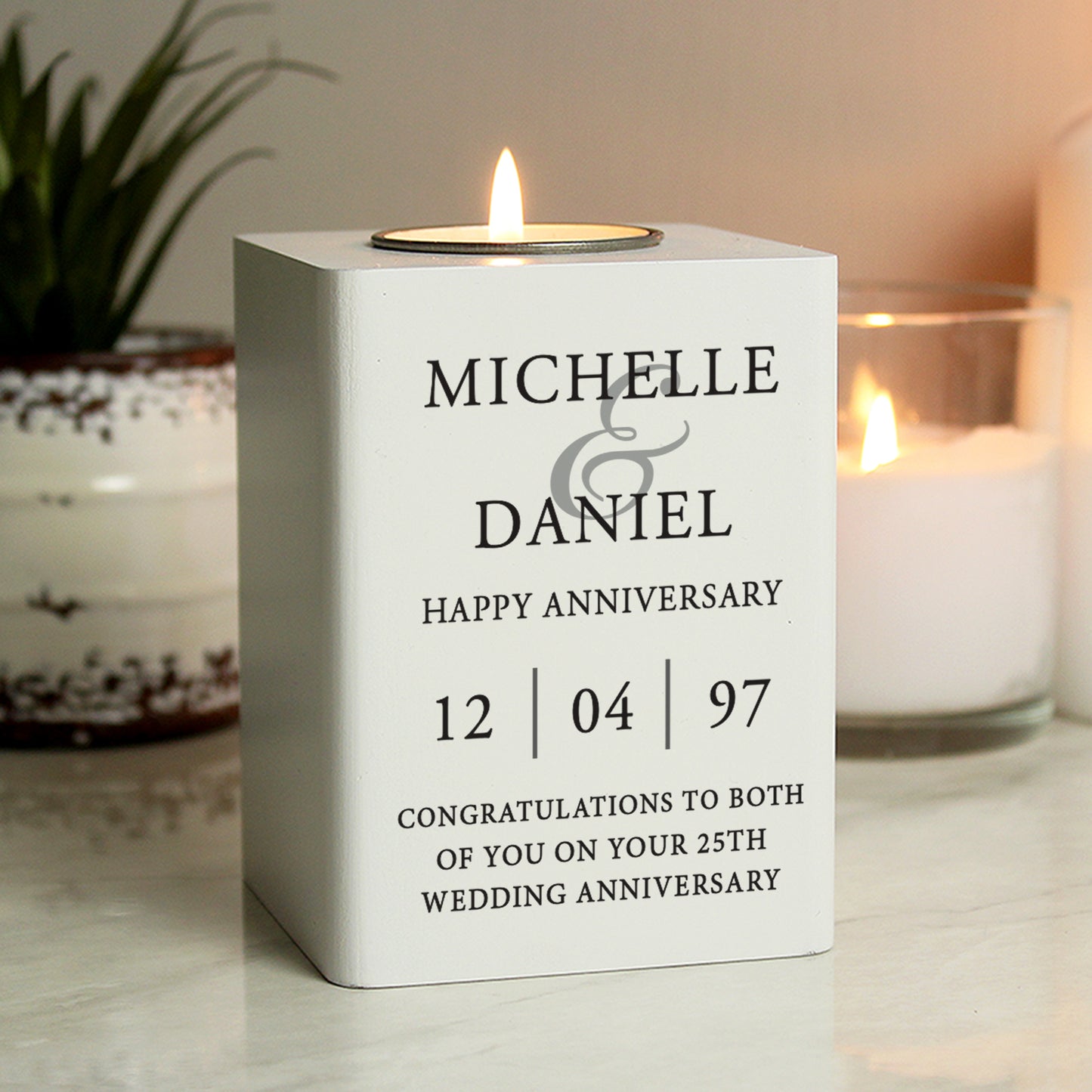 Personalised Couples White Wooden Tea light Holder 10cm